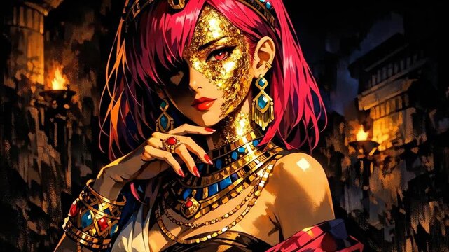 Portrait of a Woman with Pink Hair and a Gold Mask in Fantasy Setting
