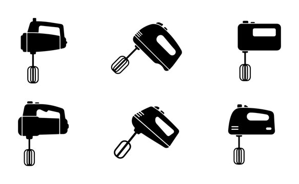 Collection of six black hand mixer silhouettes on white