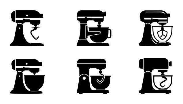 Six black stand mixer silhouettes on a white background