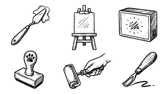 Hand drawn art craft object icons palette knife easel lightbox stamp brayer lino tool, black ink sketch vector illustration