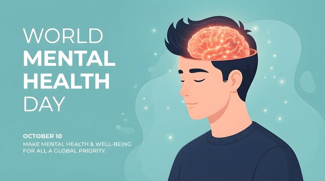A conceptual illustration featuring a man with an exposed brain representing psychological awareness and emotional well being for the global event world mental health day