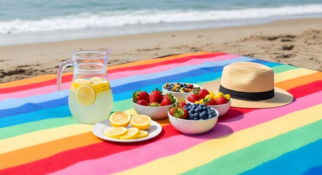 Summer beach picnic with fruit and lemonade on rainbow blanket