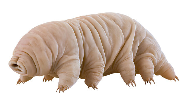 Microscopic tardigrade water bear with eight legs and claws, isolated on transparent background