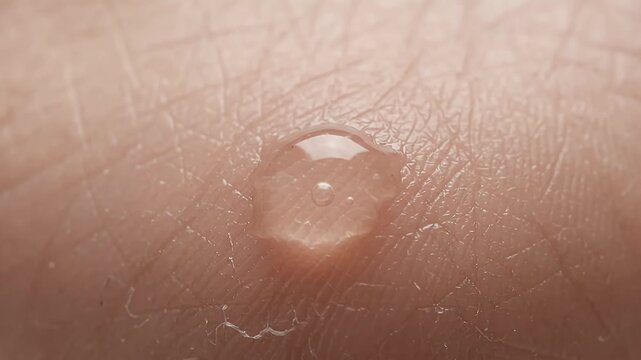 Closeup of skin blister on a finger, featuring small fluid-filled sac, indicating skin damage or irritation