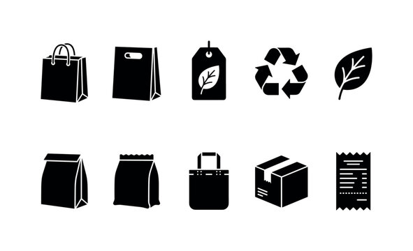 Eco Paper Shopping, solid glyph icon set featuring kraft shopping bag, handle bag, paper label, recycling symbol, leaf, takeaway bag, grocery package, reusable tote, box and receipt, covering
