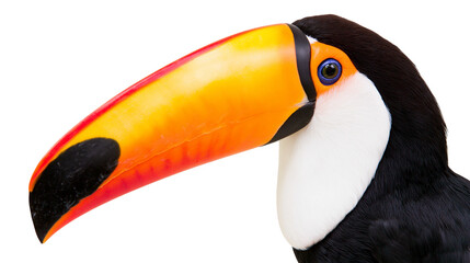 Close-up of a toucan s head with a large orange beak, isolated on transparent background © Noah