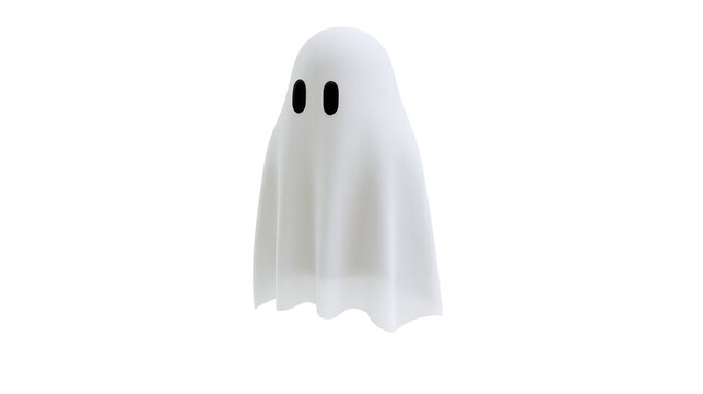 Cute white ghost with black oval eyes, isolated on transparent background