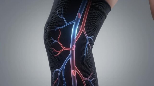 Compression sleeve improving blood circulation in a human leg, with animated blood flow through veins and arteries for medical concepts