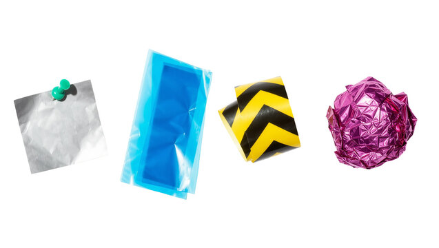 Silver paper with green pin blue plastic sheets yellow and black tape, and pink crumpled foil isolated on transparent background