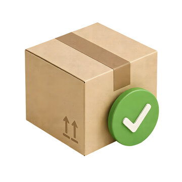 Cardboard shipping box and green checkmark icon. Package delivery success symbol