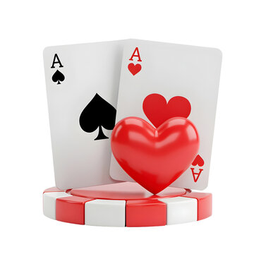 Ace playing cards with red heart symbol and poker chip. Casino gambling concept. 3D render