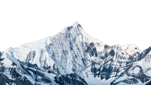 Snow covered mountain peak with rocky outcrops, isolated on transparent background