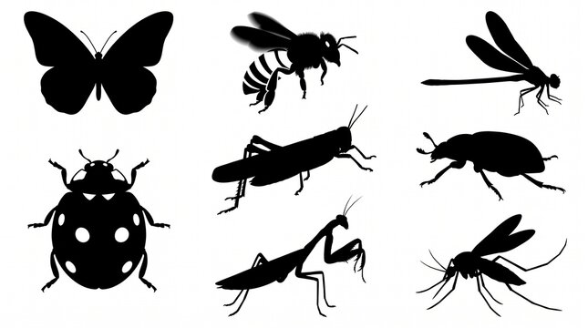 Insect Silhouette Collection &ndash; Black and White Vector Set of Flying and Crawling Insects