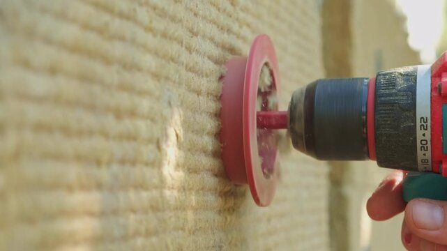 closeup renovation scene as rotary abrasive disc grinds ribbed insulation, releasing loose fibers and dust