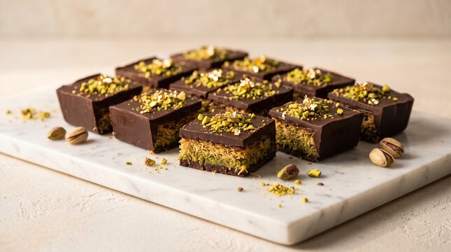 Square pieces of Dubai pistachio kunafa chocolate bars with gold leaf topping on marble slab symbolizing luxury confectionery treat
