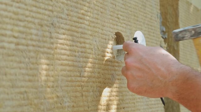 close-up of hand finishing installation of white plastic insulation anchor in thick beige fibrous exterior