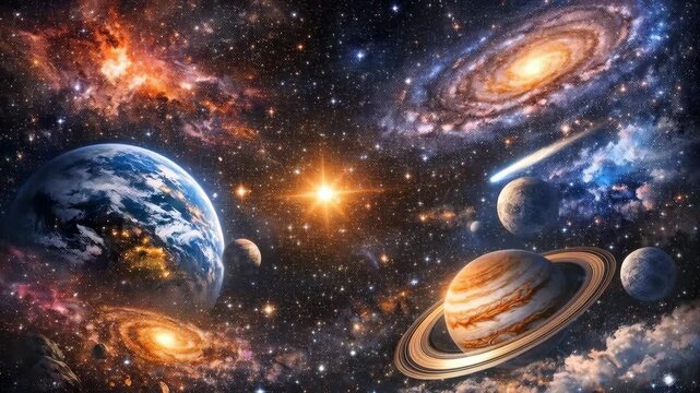 Cinematic Cosmos Exploration with Planets and Galaxies