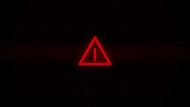 Glowing red warning triangle sign with pulsing digital effect on dark background