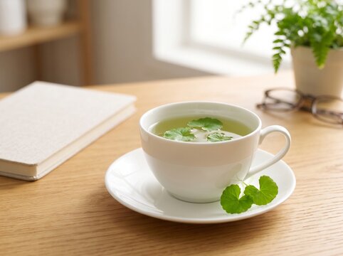 Porcelain cup with fresh herbal gotu kola leaf tea on wooden table with book and fern representing natural wellness and relaxation