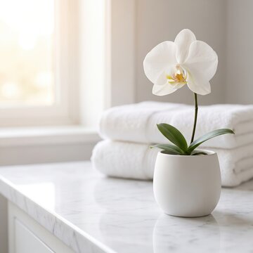 White orchid in a minimalist pot sitting on a clean marble counter, creating a fresh and serene atmosphere in a bright, modern bathroom setting, perfect for wellness and luxury concepts