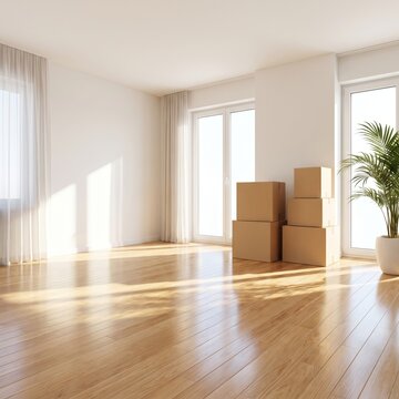 Empty room featuring stacked cardboard moving boxes and a potted plant, representing new beginnings, real estate, and residential relocation in a clean, modern apartment interior