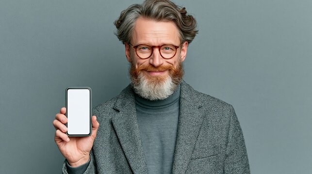 Sophisticated middle aged man with grey hair and ginger beard wearing spectacles displays empty white smartphone screen on grey background