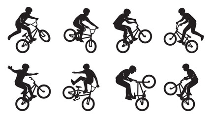 Fototapeta premium BMX Bicycle Athlete Cartoon Vector Illustration Set Featuring Full Body Freestyle Jumping and Stunt Poses