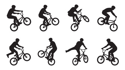 Fototapeta premium BMX Freestyle Athlete Cartoon Silhouette Vector Set with Eight Random Bicycle Tricks and Extreme Sports Poses