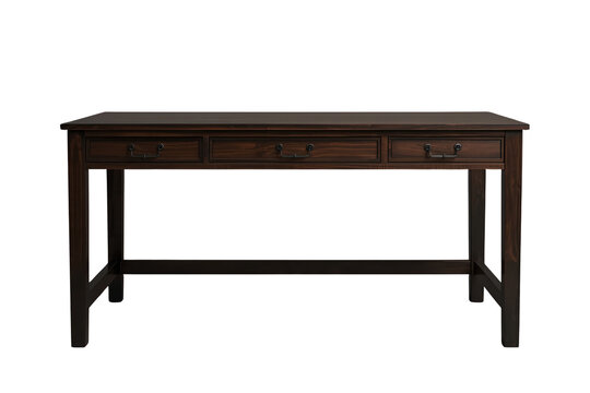Dark wood entryway table featuring three drawers