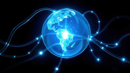 Fototapeta premium Glowing Earth image depicts global connections. Bright blue lines radiate from planet surface, symbolizing network infrastructure. Futuristic design.