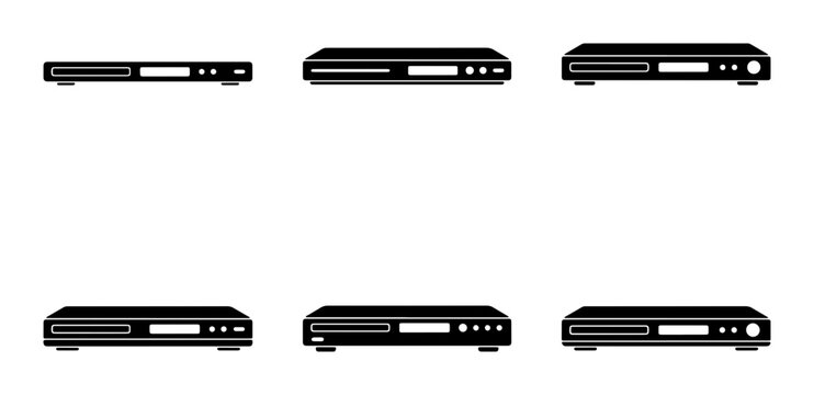 Black DVD player icons, set of 6, media player graphic