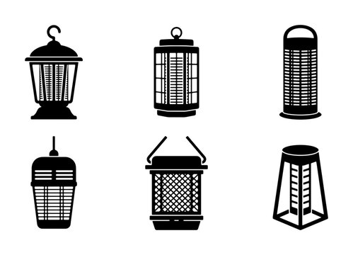 Black bug zapper icons and symbols, graphic design, pest control