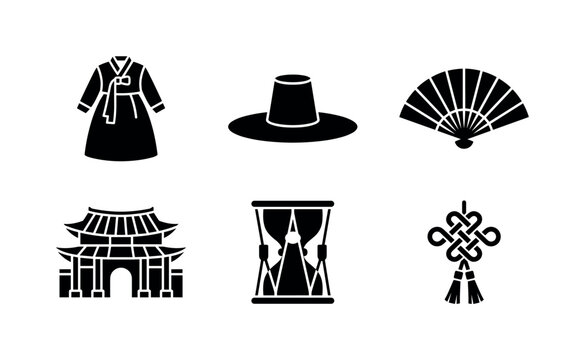 Korean Traditional Culture, solid glyph icon set featuring hanbok garment, traditional hat, folding fan, palace gate, drum, ornamental knot, covering Korean culture, traditional clothing, heritage,