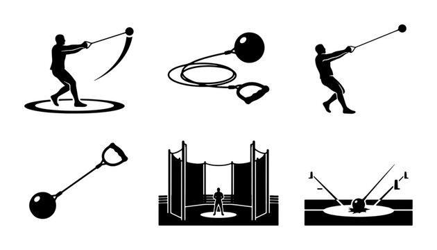 Black silhouette hammer throw athletes and equipment, sport graphics
