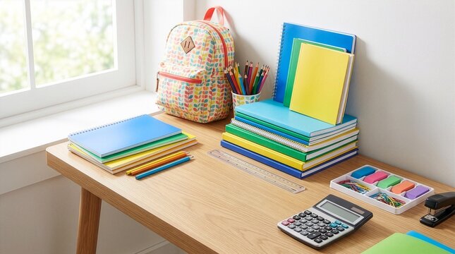 Student desk with colorful notebooks backpack and stationery for school