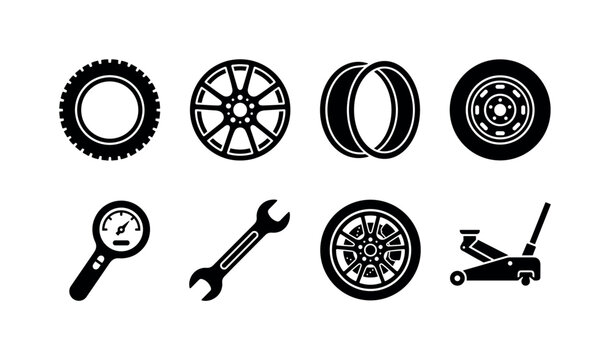 Automotive Wheel Symbols, solid glyph icon set featuring tire, alloy wheel, wheel rim, spare wheel, tire gauge, wrench, car wheel assembly, service jack, covering automobile, car wheel, tire service,