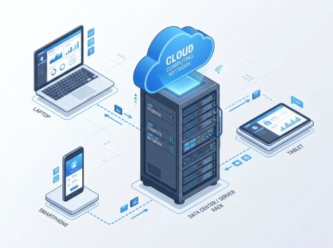 Isometric illustration of cloud computing network featuring a server rack connected to laptop, smartphone, and tablet devices on white background