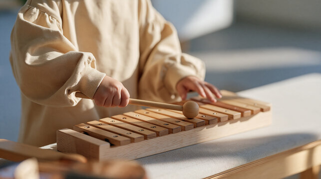 A violinist's child arranging a wooden xylophone with tuned bars on a music room bench, early music education, melodic learning toy, auditory development, pitch recognition,