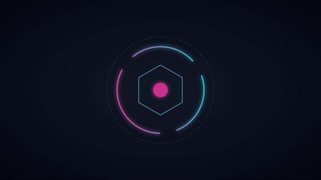 Neon hexagon hud interface animation with rotating circular for futuristic tech ui 4k
