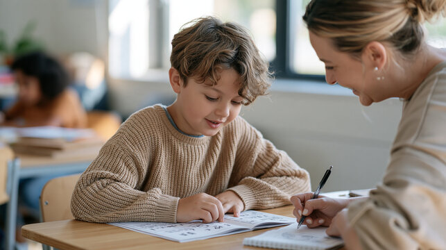 Turkish schoolboy sounding out syllables from a printed decodable reader aloud at his desk while the teacher listens and notes his progress, oral reading fluency assessment,