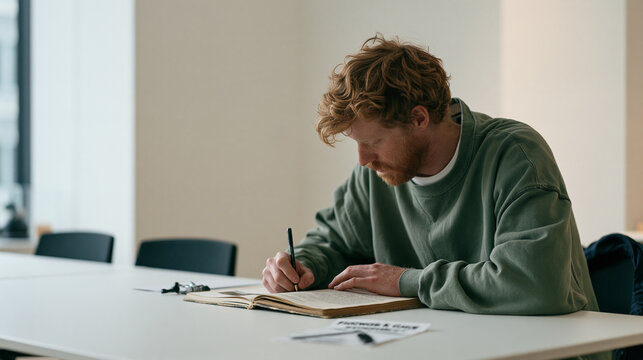 Language tutor leaning close to smell a musty old textbook for mold in a sterile white teaching studio, a wide shot revealing bare walls and two chairs, a Guy Fawkes Day leftover