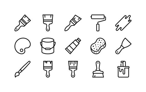 Blue Painting Tools, line icon set featuring broad paint brush, flat brush, angled brush, paint roller, paint stroke, palette, bucket, tube, sponge and scraper, covering blue paint concept, art