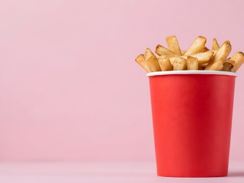 Red takeout cup filled with crispy french fries on pink studio background
