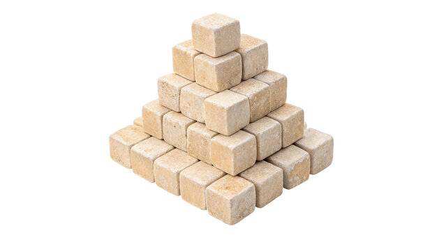 Pyramid pile of white refined sugar cubes isolated on transparent background.