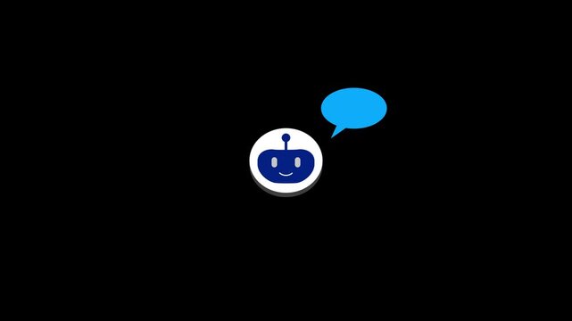 Animated loop of a friendly, cute cartoon robot or chat bot avatar engaging in a welcoming interaction.The robot gently appears or subtly moves, and a speech bubble with "Hi".Robot and chat icons.