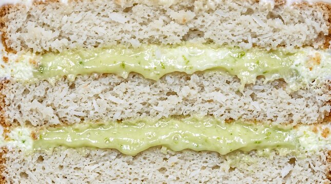 Macro shot of layered coconut cake with lime cream filling showing detailed texture cross section