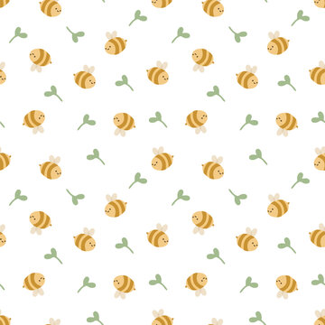 Cute bumblebee and sprout seamless pattern on white background.