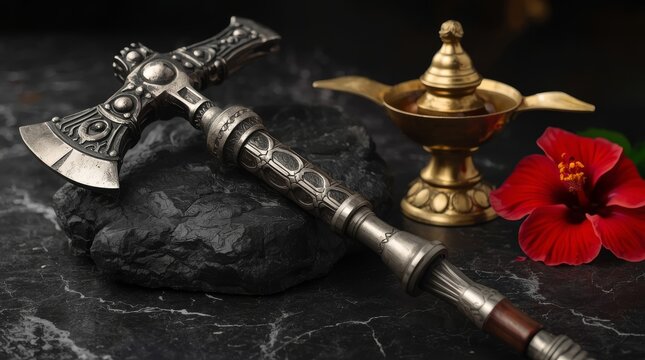 Intricate ancient ceremonial mace with ornate brass incense burner and vibrant red flower on dark