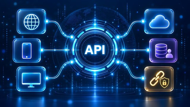 Global application programming interface ecosystem demonstrating secure connectivity between cloud storage databases desktop devices and mobile networks