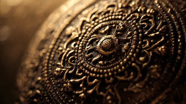 Intricate antique brass ceremonial mace with aged dark patina under soft backlighting